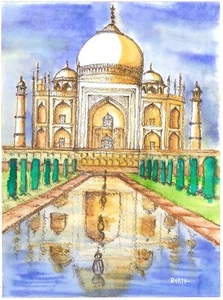 ORIGINAL Aquarell Kunstwerk Taj Mahal Gemälde signiert vom Künstler - Bild 1 von 3