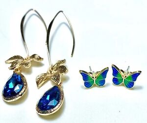 Gold & Indigo Orchid Drop Dangle & Iridescent Blue/Green Butterfly Earrings