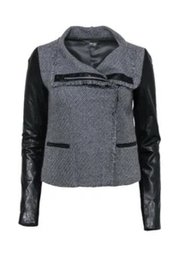 Vince Boucle Lamb Leather Sleeve Moto Jacket Gray Black Womens XS Asymmetric Zip - Picture 1 of 9