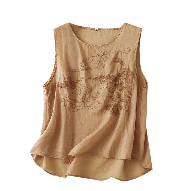 Mujeres Algodón Lino Cuello Redondo Sin Mangas Camisetas sin Mangas Bordado Verano Chaleco Retro Foto 1 de 4