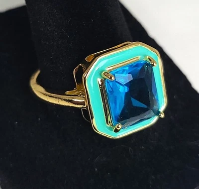 Art Deco Vintage Style 14k Gold Plated Square Lab Created Blue Topaz Enamel Ring - Image 1 of 4