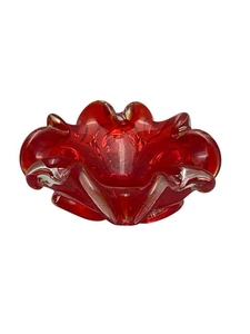 Vintage 1970's Murano Bright Red Ruffled Curled Glass Ashtray Bowl - Picture 1 of 9