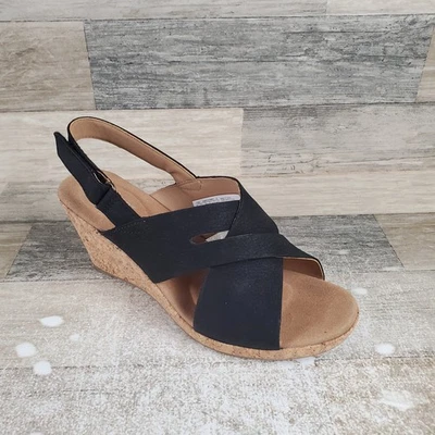 Sandalias Rockport Briah Slot para mujer talla 7 W cuero negro tacón de cuña con tira trasera Foto 1 de 4