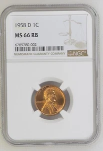 1958 D Lincoln centesimo di grano NGC MS-66 RB tonificazione inversa! - Foto 1 di 2