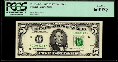 1995 $5 FRN ATLANTA. FR: 1985-F* (STAR). PCGS Graded: 66 PPQ. LOW RUN. NICE S/N. - Image 1 of 4