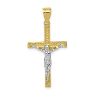 10k Two Tone Gold Solid & Textured Cross Medium Crucifix Pendant - Picture 1 of 3