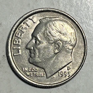 Misaligned Die 1993-P Roosevelt Dime Offset Struck Collar Error 10c Coin Obverse - Picture 1 of 2