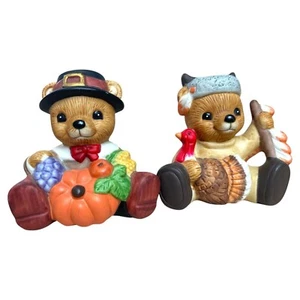 HOMCO 1413 Thanksgiving Bears Set of 2 Vintage Autumn Harvest Figurines Cute (B) - Picture 1 of 3