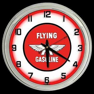 16" Flying A Gasolina Gasóleo Letrero Rojo Neón Reloj Acabado Cromo Hombre Cueva Foto 1 de 2