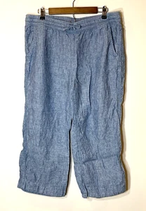 LL Bean Pants Womens Petite 16 Linen Blue Chambray Pull On Cropped Pockets - Picture 1 of 7