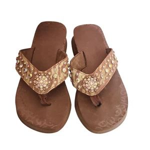 Justin Rhinestone Flip Flops Thong Western Sandals Sparkle Embellished Brown 10 - Picture 1 of 4