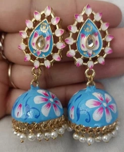 Indian Bollywood Kundan Meenakari Jhumka Earring Pearl Wedding Eid Jewelry Women - Picture 1 of 5