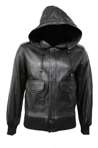 Chaqueta con Capucha Hombre Bomber Negra Cuero Real Motociclista Calce Ajustado - Imagen 1 de 6