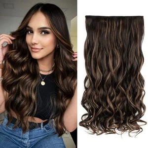 REECHO 20 Zoll Curly Clip In Hair Extensions Chocolate Brown mit Highlights Neu - Bild 1 von 3