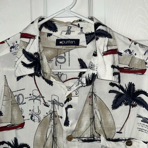Puritanisches Hawaii Strandhemd Elfenbein XL Palmen Segelboote - Bild 1 von 8