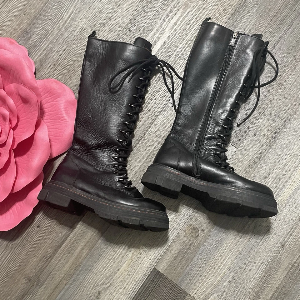 KURT GEIGER London Bird Knee Lace Up Boot Sz 6 EU 36 Black Combat Lug Sole Biker - Image 1 of 4