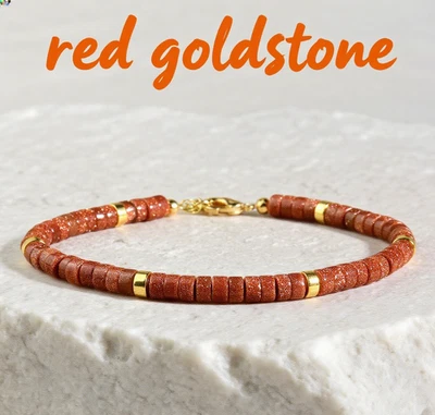 Pulseira delicada de pedra dourada vermelha natural cristal de cura pedras preciosas presentes minimalistas - Imagem 1 de 3