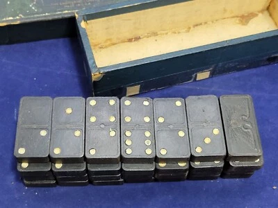 VINTAGE MAGNA WOODEN DOMINOES Complete 28 piece 1920'S ORIGINAL BOX, Made in USA - Image 1 of 4