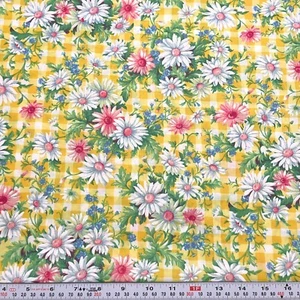 Vintage Kessler Design Daisies & Yellow Gingham Polished Cotton Fabric 36" x 38" - Picture 1 of 2