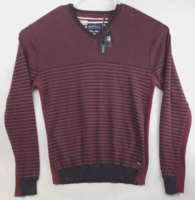 NUEVO Suéter Buffalo David Bitton Para Hombres 2XL Borgoña Negro Rayas Lana Cuello en V Foto 1 de 4