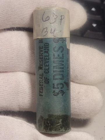 1963 90% Silver Roosevelt Dimes 50 Coin OBW Roll with End Toners Cover
