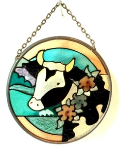 Cow Suncatcher 3 1/2" Metal Ring Surrounds Holstein wearing a Floral Collar - Picture 1 of 4