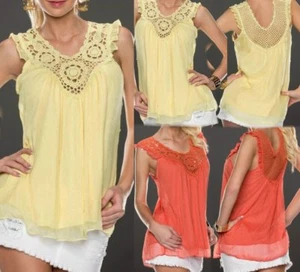 Sexy Ladies Shirt Chiffon Top Shimmering Tunic Crochet Babydoll 34/36 S/M Gelb - Picture 1 of 13
