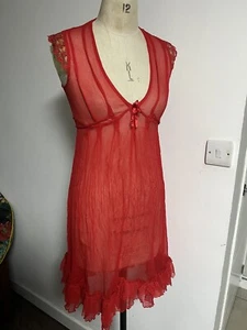 TRAFFIC PEOPLE SILK RED DRESS LACE V-NECK PLEATS SIZE S RUFFLES TIE UP - Picture 1 of 10