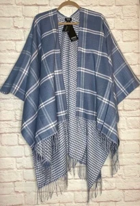 One Size New Wedgwood Blue White Plaid Gingham Kimono Wrap Shawl Poncho Fringe - Picture 1 of 14