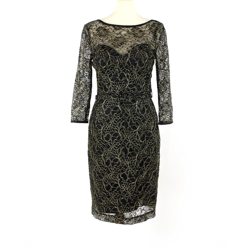 Vestido de cóctel THEIA de encaje negro dorado floral con cinturón 8 cuello barco manga 3/4 Foto 1 de 4