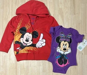 (3T And 3-6Month) DISNEY Mickey Mouse ZIP UP Hoodie And Minnie Mouse Unitard NWT - Picture 1 of 17