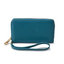 Womens Vegan Leather Wallet w/ Wrist Strap For Phone,Cards,and Cash, Marine Blue