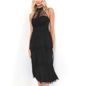NUEVO CON ETIQUETAS - Vestido Midi Halter Lulus Positively Precious Negro Floral Malla en Niveles S - Imagen 1 de 8