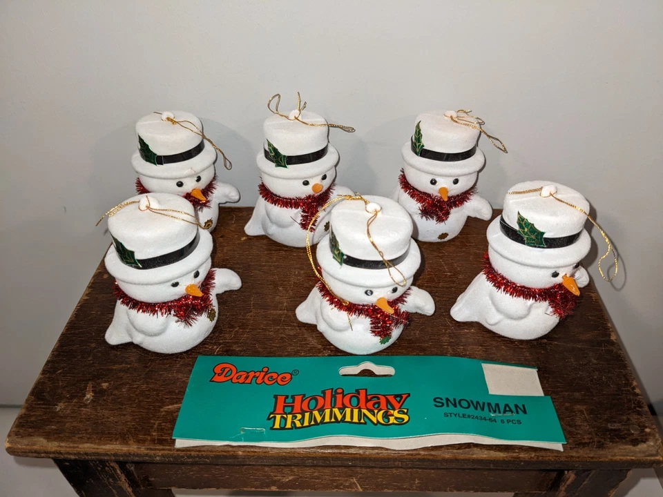 Adornos de muñeco de nieve flocado vintage ~ paquete de 6 ~ nuevo stock antiguo Foto 1 de 1