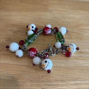 Vintage Lampwork Art Glass Bracelet w/ Snowman & Snowflakes Christmas Themed - Picture 1 of 7