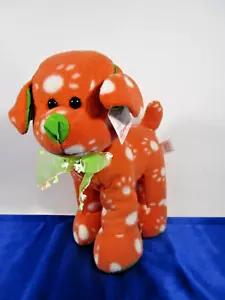 Fiesta Orange & White Dog Plush with Green Floral Neck Bow 12" - Picture 1 of 9