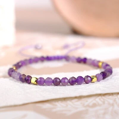 紫水晶 4 毫米小珠治疗精致极简主义手链女士礼物男士 — 第 1/4 张图片