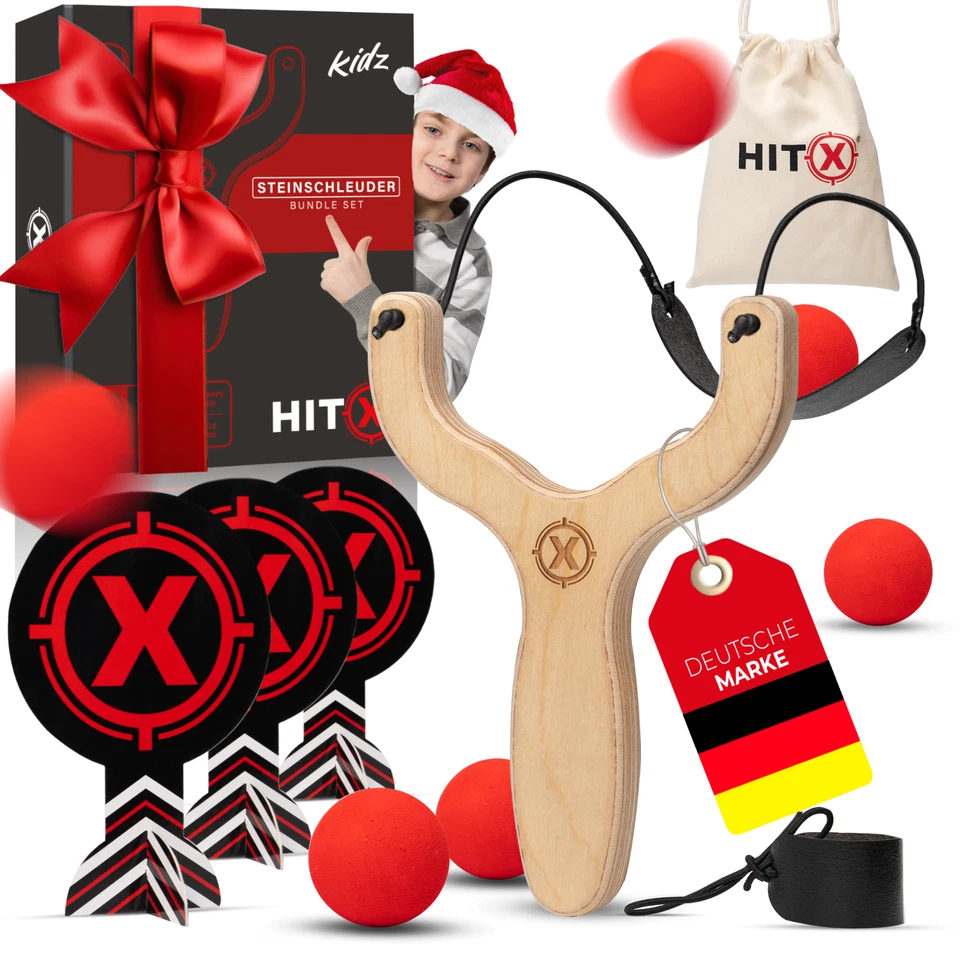 HITX Steinschleuder Kinder 6x weiche Bälle & 3x robuste Ziele Zwille Schleuder