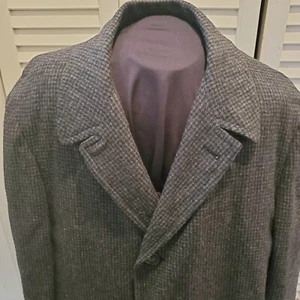 Abrigo de lana Dundee vintage años 50 para hombre GRANDE gris negro TWEED con bolsillos - Imagen 1 de 11