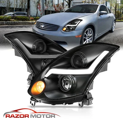 For 2003-2007 Infiniti G35 Coupe LED Lightning Bar Black Projector Headlight Set - Image 1 of 4