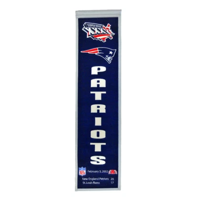 NEW ENGLAND PATRIOTS SUPER BOWL XXXVI HERITAGE BANNER EMBROIDERED WOOL 8"X32" - Image 1 of 2