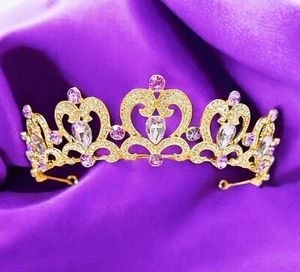 Lavender Rhinestone Tiara, Girl's Gold tiara, Heart shape tiara, Princess tiara - Picture 1 of 9