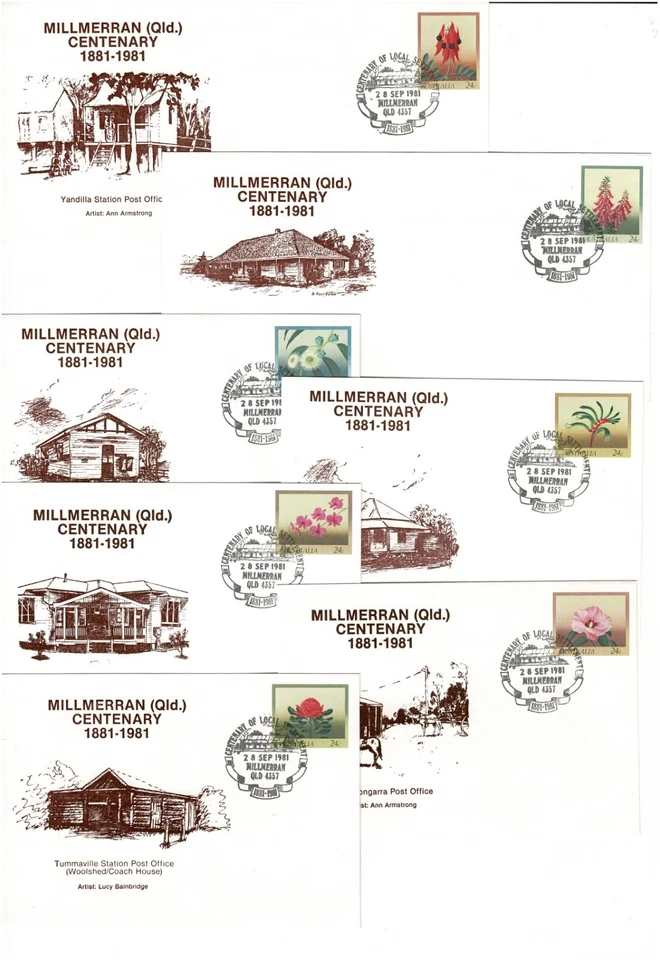 Stamps Australian set 7 overprinted flower pse Millmerran Centenary & postmark - Image 1 of 1