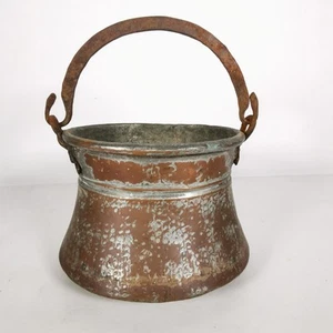 Vintage Very Old Hammered Copper Hanging Cauldron Planter Pot with Handle - Picture 1 of 19
