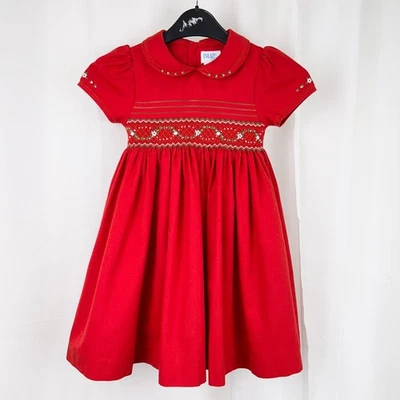 Luli & Me Holiday Party Dress Red Smocked/Beaded/Embroidered Short Sleeve 4T - Image 1 of 4