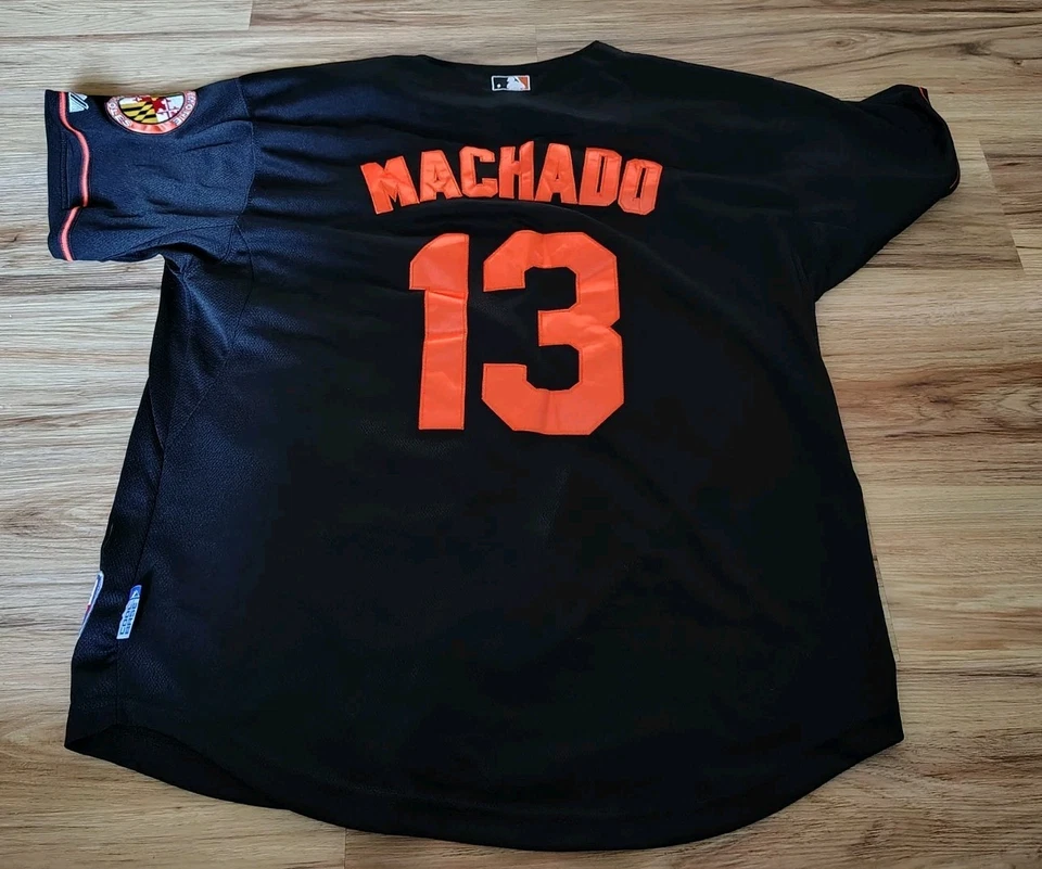 #13 Manny Machado Baltimore Orioles Home 50 Flex Base Jersey Black Majestic MLB - Image 1 of 2