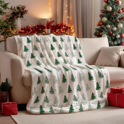 New Horaldaily Christmas Flannel Blanket Throw Pine Tree Green Soft Fuzzy Plush - Image 1 of 4