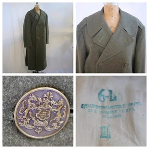 VTG WWII WW2 US Marine Green Wool Overcoat 1944 1945 Named Metal Honor Buttons - Picture 1 of 18