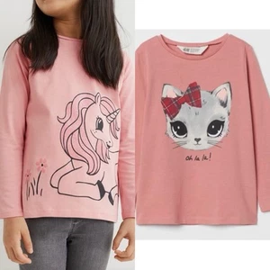 Bundle of 2 H&M Long Sleeve Cat & Unicorn Printed Jersey Top Girls Size 8/10 - Picture 1 of 14