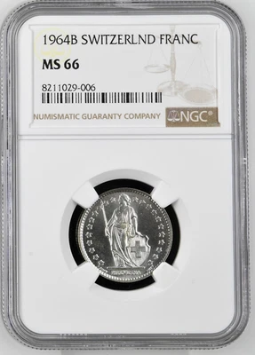 1964B SWITZERLND FRANC Helvetia Standing Silver NGC MS66 - Image 1 of 4